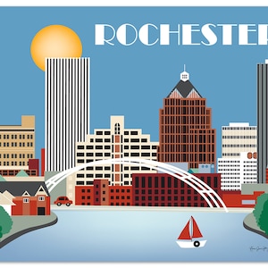 Impression de Rochester, ligne d&#39;horizon de Rochester NY, Rochester horizontale, art de la ligne d&#39;horizon de New York, art mural de Rochester NY, art de pétales en vrac - style E8-O-ROC