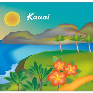 Art de Kauai, carte de Kauai, art d&#39;Hawaï, art de la ligne d&#39;horizon de Kauai, affiche de voyage à Hawaï, souvenir de Kauai, cadeau Kauai, affiche Kauai HI - style artistique E8-O-KAU