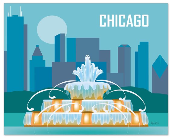 Buckingham Fountain Chicago Vintage Art Print POSTER