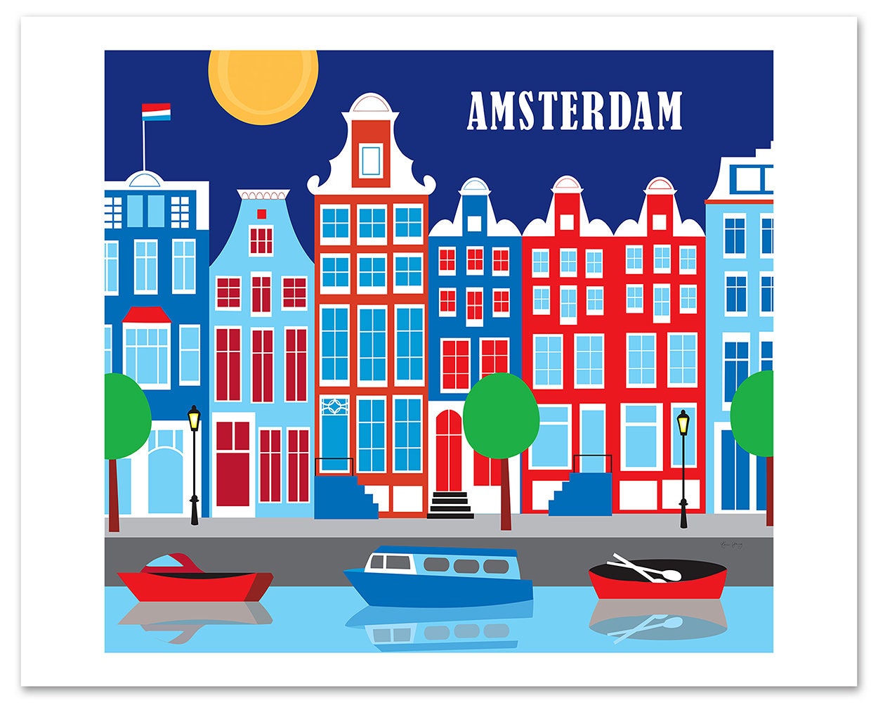 Amsterdam Skyline Carte Imprimé Poster Aquarelle Encadrée Toile Wall Art Cadeau City
