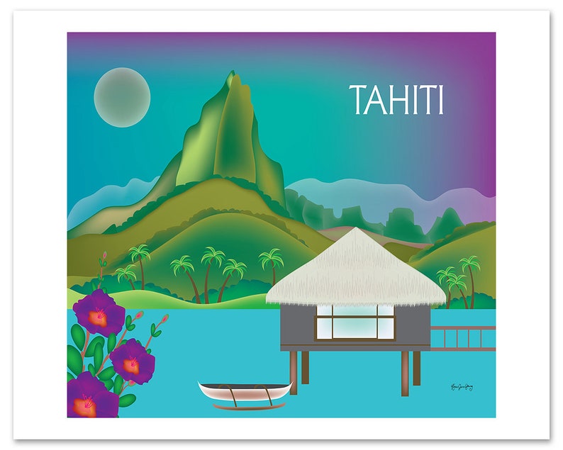 Tahiti Skyline Art Print, Tahiti Travel Wall Art, Tahiti horizontal art print, Tahiti bon voyage gift, Tahiti Poster Art style E8-O-TAH image 3