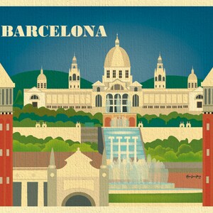 May include: A vintage-style postcard featuring a colorful illustration of the National Art Museum of Catalonia in Barcelona, Spain. The postcard has the text "BARCELONA" in large, bold letters at the top.