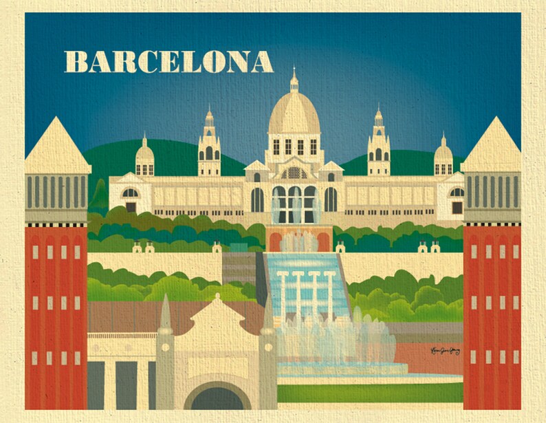 May include: A vintage-style postcard featuring a colorful illustration of the National Art Museum of Catalonia in Barcelona, Spain. The postcard has the text "BARCELONA" in large, bold letters at the top.