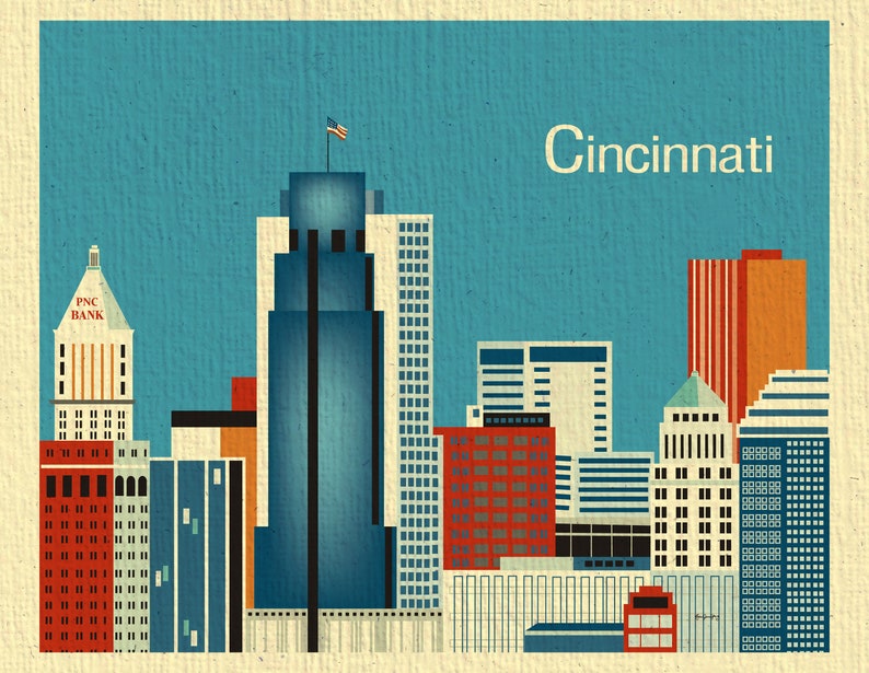 Cincinnati Skyline Print, Ohio Wall Art, Cincinnati horizontal Print, Cincinnati Gift, Cincinnati Ohio Decor, Cincinnati art style E8-O-CI image 2