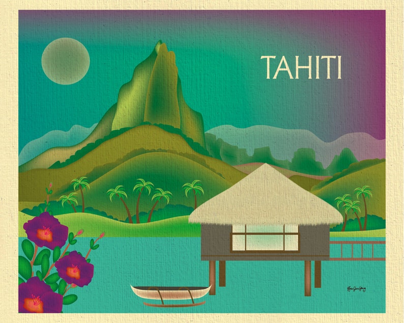Tahiti Skyline Art Print, Tahiti Travel Wall Art, Tahiti horizontal art print, Tahiti bon voyage gift, Tahiti Poster Art style E8-O-TAH image 2