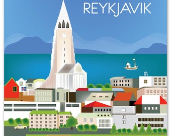Reykjavik Skyline Kunstdruck, Island Vertikaler Druck, Island Kunst, Reykjavik Wandkunst, Island Druck, Lose Blütenblätter Stadtdruck Stil E8-O-REY