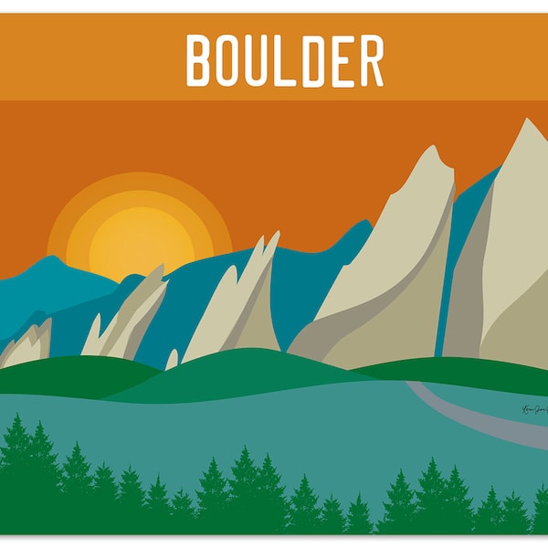 Boulder Skyline Art Print, Boulder Decor Colorado Flatirons Skyline Print - Travel Wall Art Gift, Loose Petals City Print- style E8-O-BOU