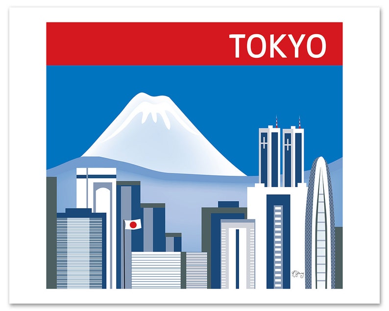 Tokyo Skyline Print, & Mt. Fuji, Japan Horizontal Print, Tokyo Japan Art, Japanese Wall Art, Loose Petals Tokyo City Print style E8-O-TOK image 3