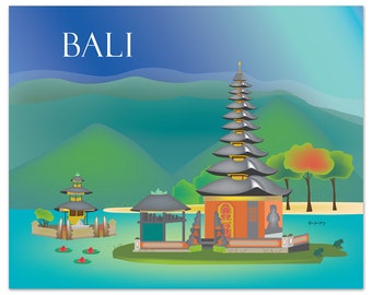 Bali Skyline Art Print of Temple, Indonesia Travel Poster, Horizontal Bali Wall Art, Idonesian Gift, Loose Petals City Art, style E8-O-BALI