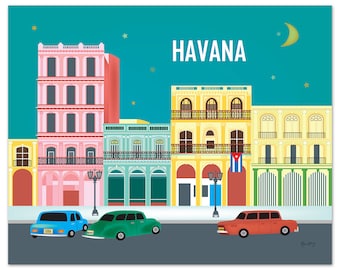 Havana Skyline Art Print, Cuba Travel Print, Havana Cuba Artwork, Havana art gift, Retro car print, Cuban Horizontal Art, - style E8-O-HAV