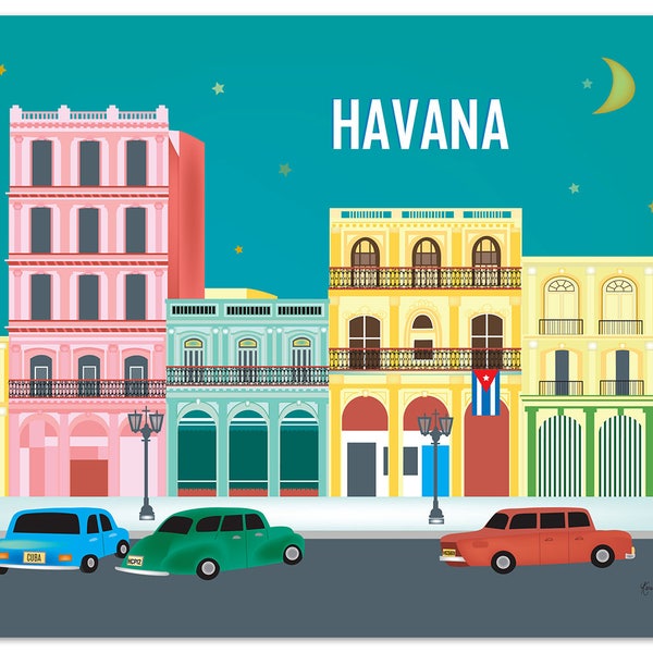 Havana Skyline Art Print, Cuba Travel Print, Havana Cuba Artwork, Havana art gift, Retro car print, Cuban Horizontal Art, - style E8-O-HAV