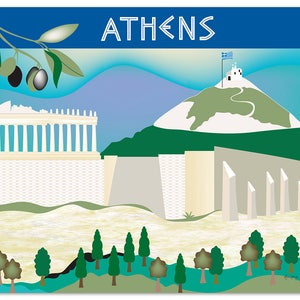Athens Skyline Art Print, Greece Travel Poster, Athen Wall Art, Athens horizontal art, Greek Nursery, Loose Petals City Art - style E8-O-ATH