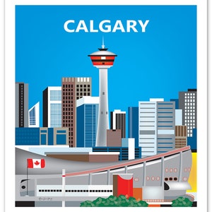 May include: A colorful illustration of the Calgary skyline, featuring the Calgary Tower, the Saddledome, and the Canadian flag. The sky is blue, and the buildings are various shades of gray, brown, and blue.