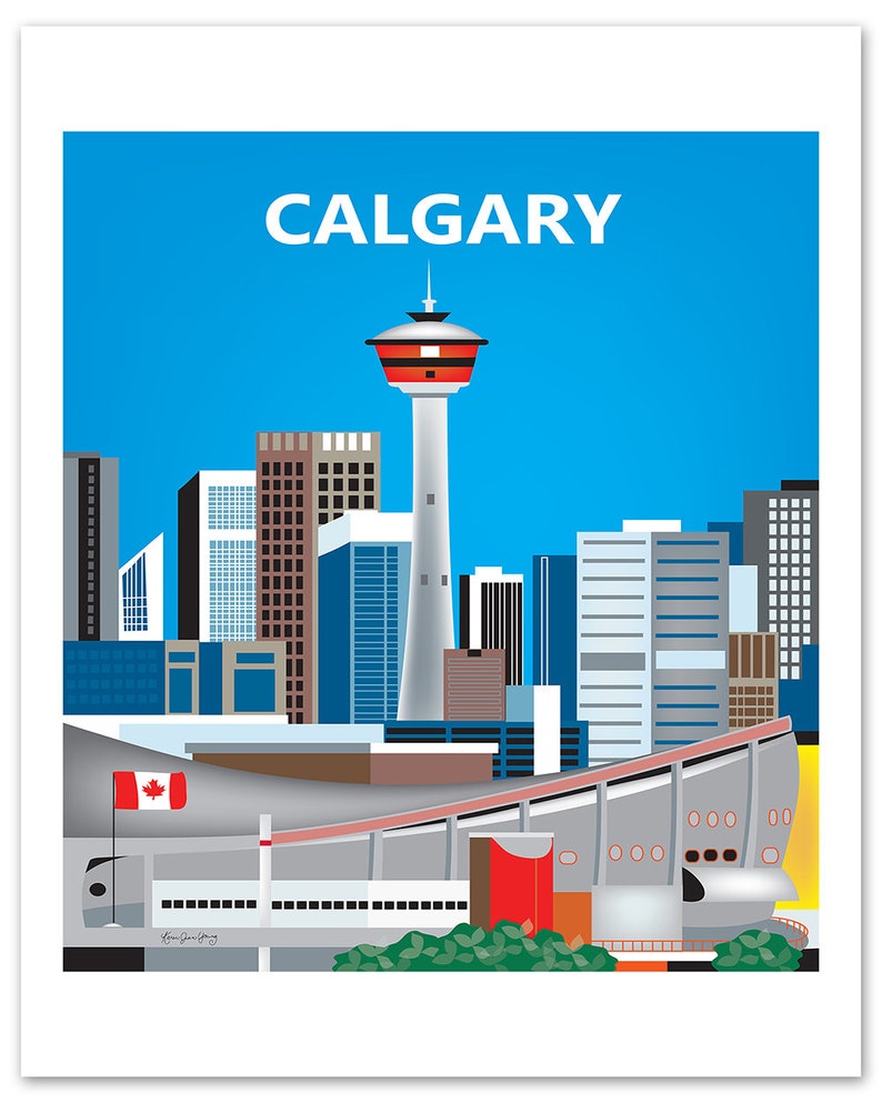 May include: A colorful illustration of the Calgary skyline, featuring the Calgary Tower, the Saddledome, and the Canadian flag. The sky is blue, and the buildings are various shades of gray, brown, and blue.