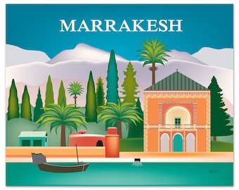 Marrakesh Skyline Art Print, Moroccan Poster, Morrocco Travel Wall Art, Marrakech Poster, Loose Petals City Art Print Gift - style E8-O-MARR