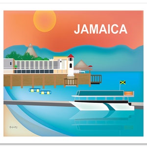May include: A colorful illustration of a tropical island scene with a boat, a pier, and the word "JAMAICA" in white text. The sky is orange and the water is blue.