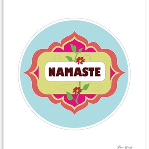 May include: A light blue circle with a pink and red floral design and the word "NAMASTE" in a brown font.