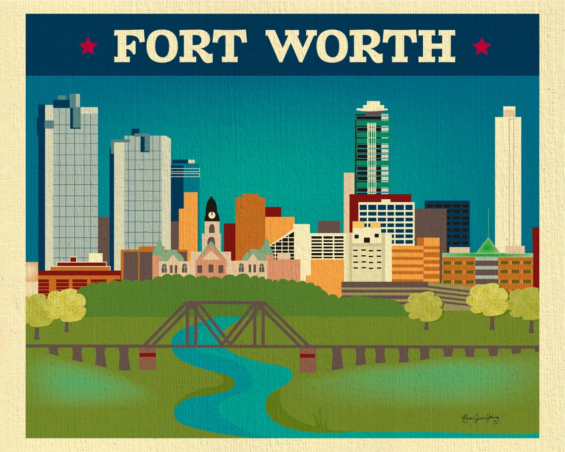 Fort Worth Skyline Art Print Fort Worth TX Map Print Texas Etsy