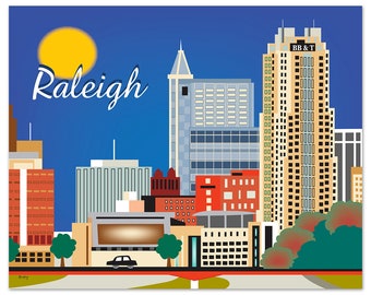 Raleigh Skyline Print, Raleigh NC Gift, Raleigh Art Print,  Raleigh horizontal wall art, Raleigh NC City Art, Loose Petals - style E8-O-RAL