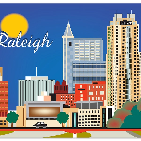 Raleigh Skyline Print, Raleigh NC Gift, Raleigh Art Print,  Raleigh horizontal wall art, Raleigh NC City Art, Loose Petals - style E8-O-RAL