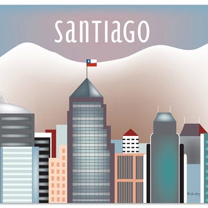 Santiago Horizontal skyline print, Andes Art, Chile Travel Wall Art, Santiago Gift, Santiago Nursery, Loose Petals City Art- style E8-O-SANT