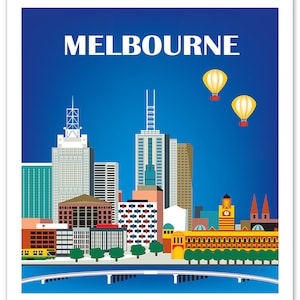 May include: A colorful illustration of the Melbourne skyline with the word "MELBOURNE" in white text at the top. The skyline features several tall buildings, including a clock tower, and two yellow hot air balloons in the blue sky.