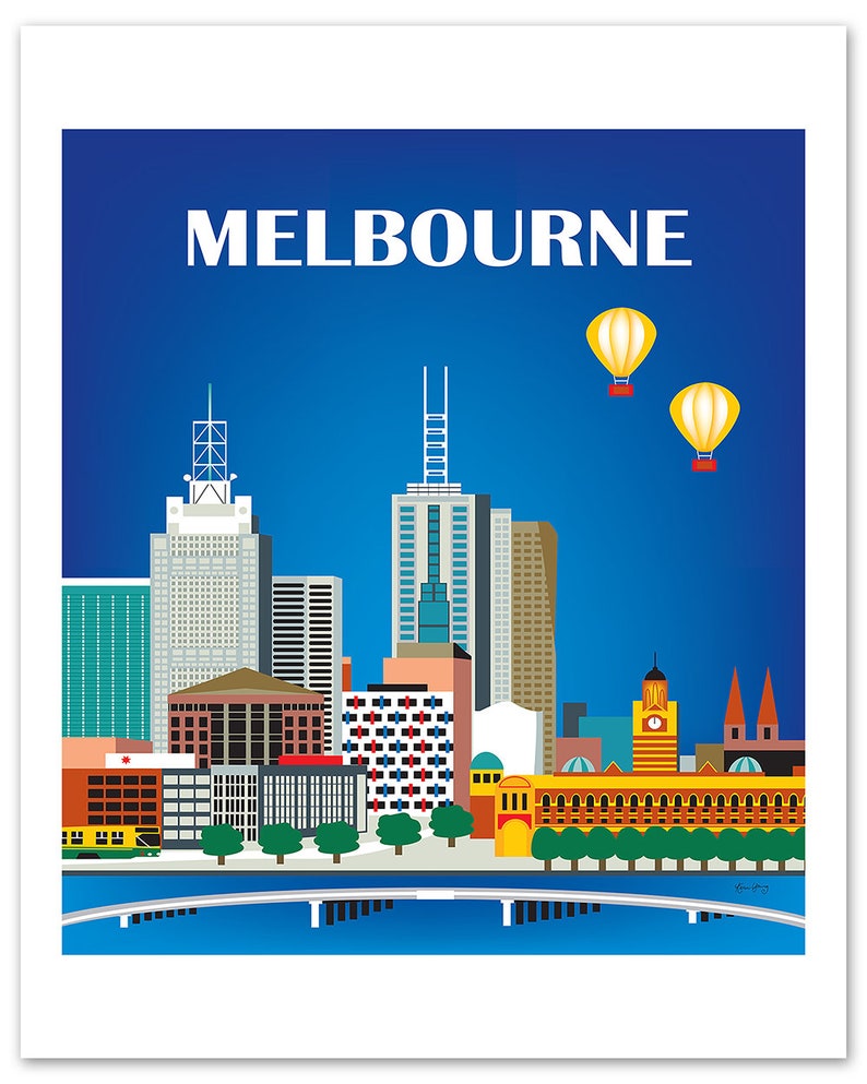 May include: A colorful illustration of the Melbourne skyline with the word "MELBOURNE" in white text at the top. The skyline features several tall buildings, including a clock tower, and two yellow hot air balloons in the blue sky.