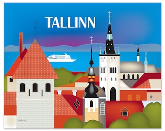 Tallinn Skyline Print, Tallinn Wall Art, Tallinn Estonia Travel Print, Tallinn Retro Travel Art Poster, Tallinn Canvas art - style E8-O-TALL