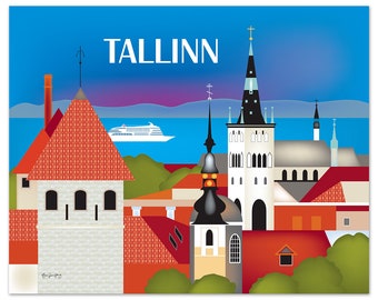Tallinn Skyline Print, Tallinn Wall Art, Tallinn Estonia Travel Print, Tallinn Retro Travel Art Poster, Tallinn Canvas art - style E8-O-TALL