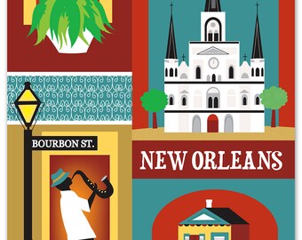 New Orleans Print, New Orleans LA Art, New Orleans Map, NOLA Art, New Orleans decor, Big Easy, Jazz Print, Vertical city, style E8-O-NOLA