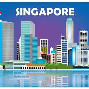 Singapore Skyline Print, Singapore Flag, Horizontal Singapore Travel Artwork, Singapore Office Art, Singapore Art Print -style E8-O-SIN