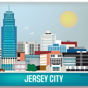 May include: A colorful illustration of the Jersey City skyline with a blue sky and a yellow sun. The tallest building is a blue skyscraper with many windows. The illustration includes a small orange car and the text "JERSEY CITY".