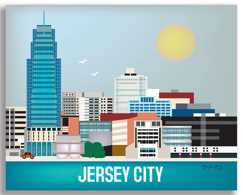 May include: A colorful illustration of the Jersey City skyline with a blue sky and a yellow sun. The tallest building is a blue skyscraper with many windows. The illustration includes a small orange car and the text "JERSEY CITY".
