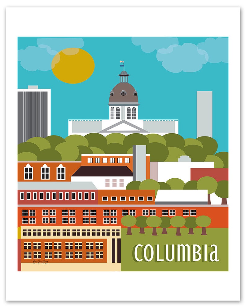 Columbia SC Skyline Print, Columbia sc art, Columbia SC Capitol Wall Art, sc Wedding Baby Gift, Loose Petals City Art Print, style E8-O-COLU image 3