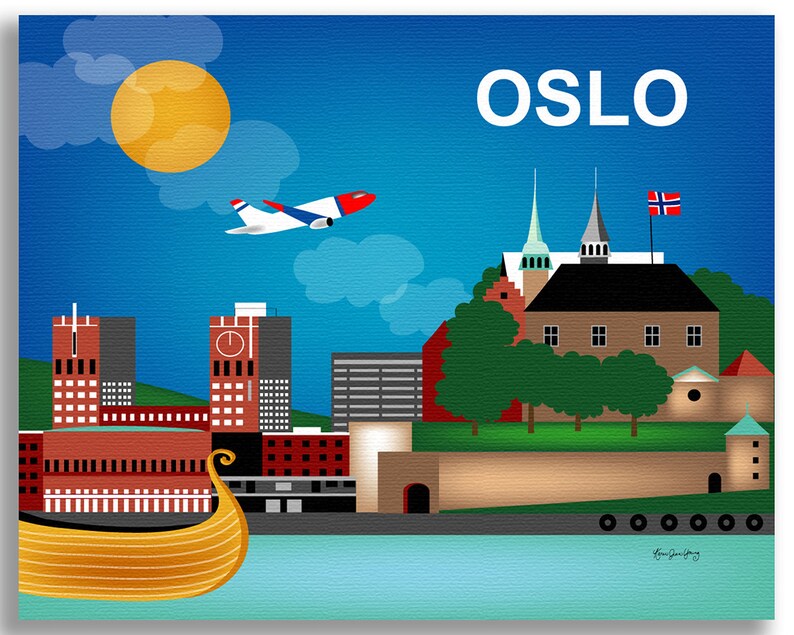 Oslo Skyline Print, Norway Travel Wall Art Print, Oslo Gift, Horizontal Oslo, Blue Scandinavian wall decor, Loose Petals, style E8-O-OSL image 4