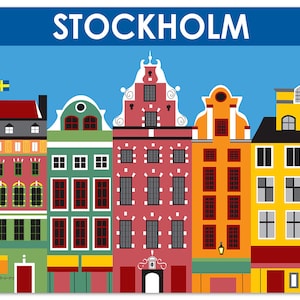 Impression d'art de Stockholm, horizon de Stockholm, affiche de voyage rétro Suède, art mural Stockholm, bébé suédois, cadeau d'art mural suédois - style E8-O-STO