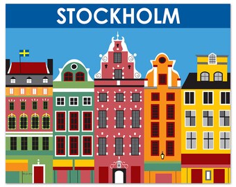 Stockholm Art Print, Stockholm Skyline, Sweden Retro Travel Poster, Stockholm Wall Art, Swedish Baby, Swedish Wall Art Gift - style E8-O-STO