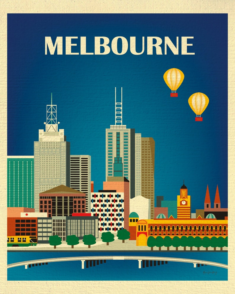 May include: A retro-style illustration of the Melbourne skyline with a blue background and two yellow hot air balloons. The city skyline features several buildings, including a tall skyscraper with a spire, a clock tower, and a church.