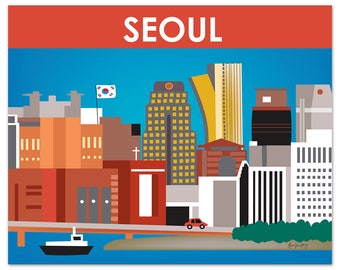 Seoul Skyline Art Print, South Korea Wall Art, Korean Travel Poster, Korean Wall Art, Horizontal Print, Seoul Nursery Art - style E8-O-SEO