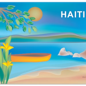 Haiti art, Haiti map, Haiti travel art print, retro Caribbean poster, Haiti beach skyline, Haitian island art, Loose Petals - style E8-O-HAI