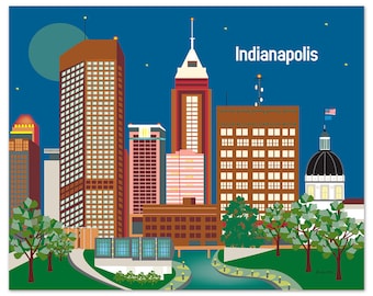 Indianapolis Art Print, Indianapolis Skyline, Indianapolis horizontal map, Indianapolis Nursery, Loose Petals city art, style E8-O-IND2