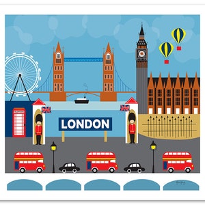 London print, London Horizontal Skyline Art, London Decor, London Nursery Print, London baby, UK Gift, Retro British Art style E8-O-LON image 2