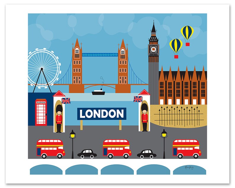 London print, London Horizontal Skyline Art, London Decor, London Nursery Print, London baby, UK Gift, Retro British Art style E8-O-LON image 2