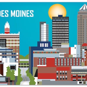 Impression de Des Moines, art mural de l'Iowa, impression de la ligne d'horizon de Des Moines, art horizontal de Des Moines, dortoir de l'Iowa, bureau, art déco mural - style E8-O-DES