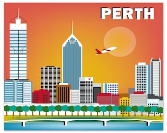 Perth Skyline Print Wandkunst, Perth Poster, Perth Karte, Australien Kunst, Perth Horizontaler Druck, Loose Petals City Print - style - E8-O-PER