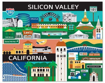 Silicon Valley Print,  Silicon Valley Poster, San Jose, Palo Alto, Stanford Print, Silicon Valley Skyline, Silicon Valley map art-  E8-O-SIL