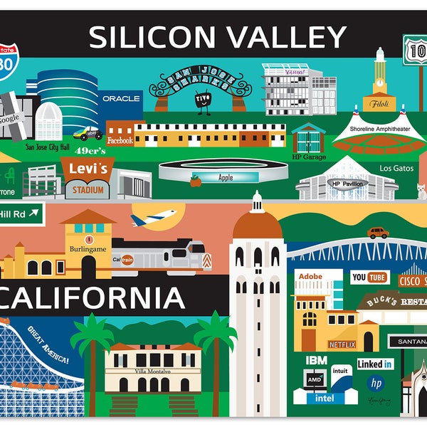 Silicon Valley Print,  Silicon Valley Poster, San Jose, Palo Alto, Stanford Print, Silicon Valley Skyline, Silicon Valley map art-  E8-O-SIL