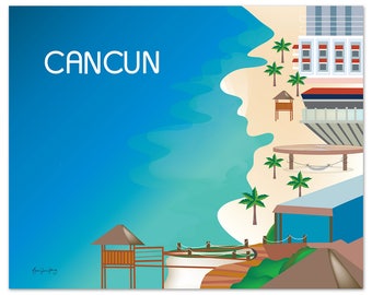 Cancun Art, Mexico Skyline Print, Riviera Maya , Cancun Travel Art Poster, Cancun Gift, Cancun Vacation, Mexico resort city - style E8-O-CAN