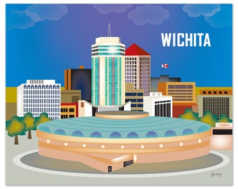 Stampa skyline di Wichita, Kansas Wall Art, Travel Wall Art - Loose Petals Horizontal Wichita Art Print, Wichita Art Gift - stile E8-O-WIC