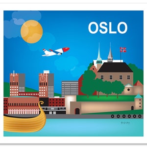 Oslo Skyline Print, Norway Travel Wall Art Print, Oslo Gift, Horizontal Oslo, Blue Scandinavian wall decor, Loose Petals, style E8-O-OSL image 3